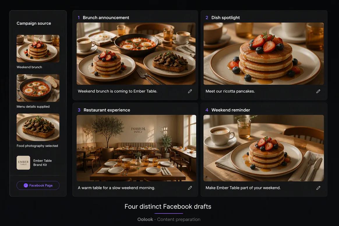 Facebook content and campaign assets prepared in Oolook