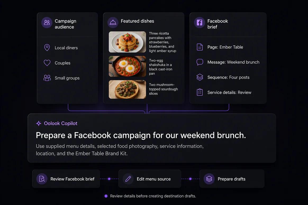 Oolook Copilot preparing a Facebook campaign from a marketing objective