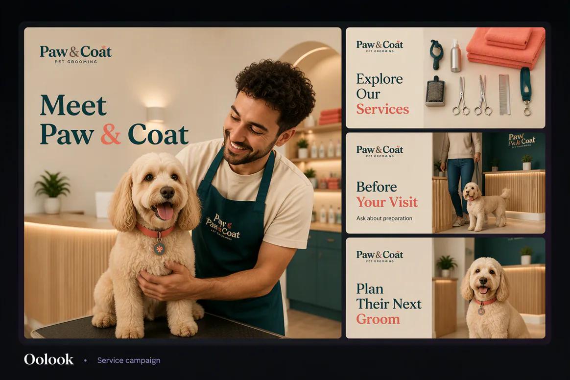 Oolook displaying a coordinated local pet grooming service campaign