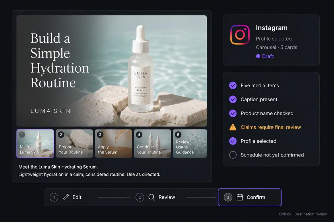 Instagram publishing draft with editable caption and media in Oolook