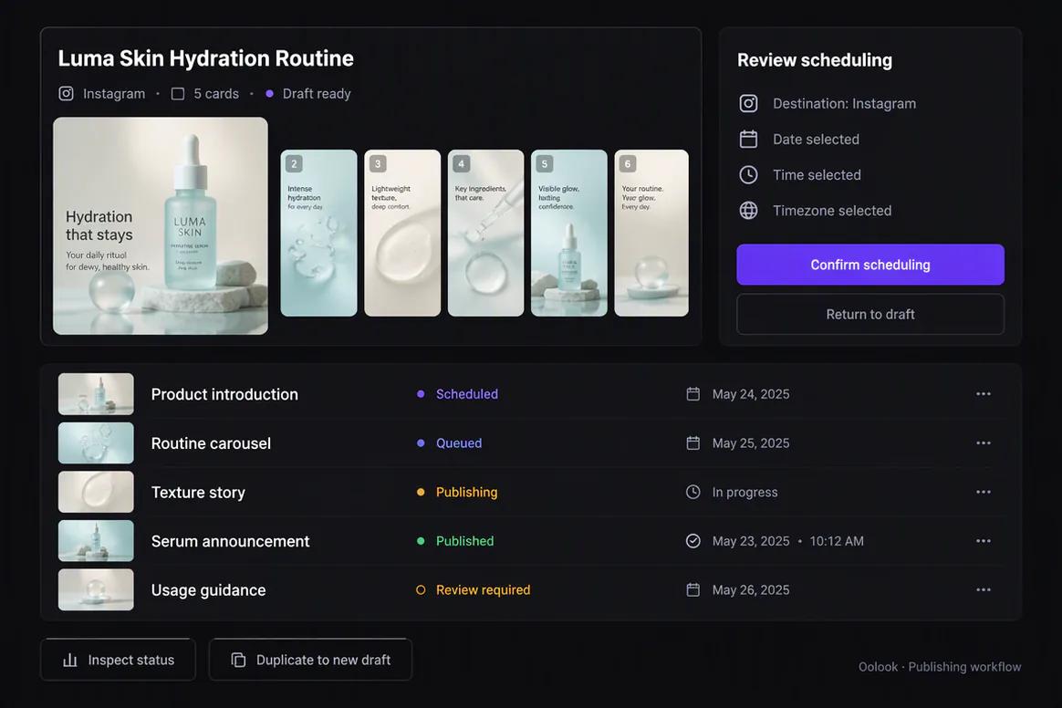 Oolook Instagram scheduling and available performance reporting