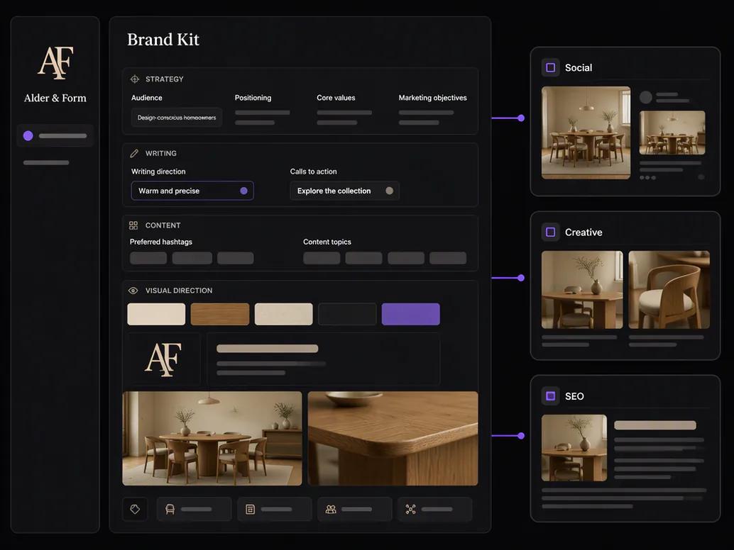 Alder & Form Brand Kit with audience, writing, visual, and campaign guidance in Oolook
