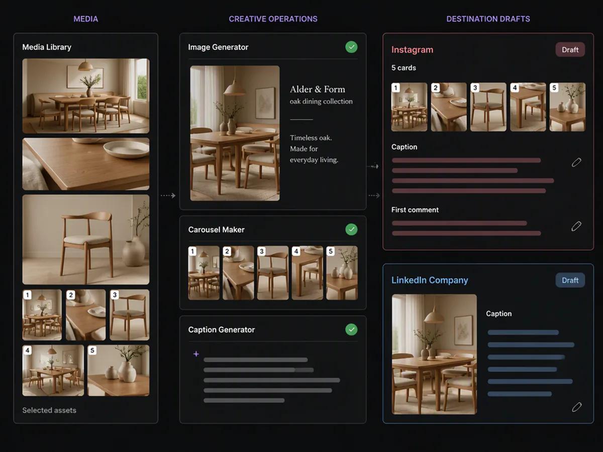 Alder & Form images, carousel cards, Instagram draft, and LinkedIn draft prepared in Oolook