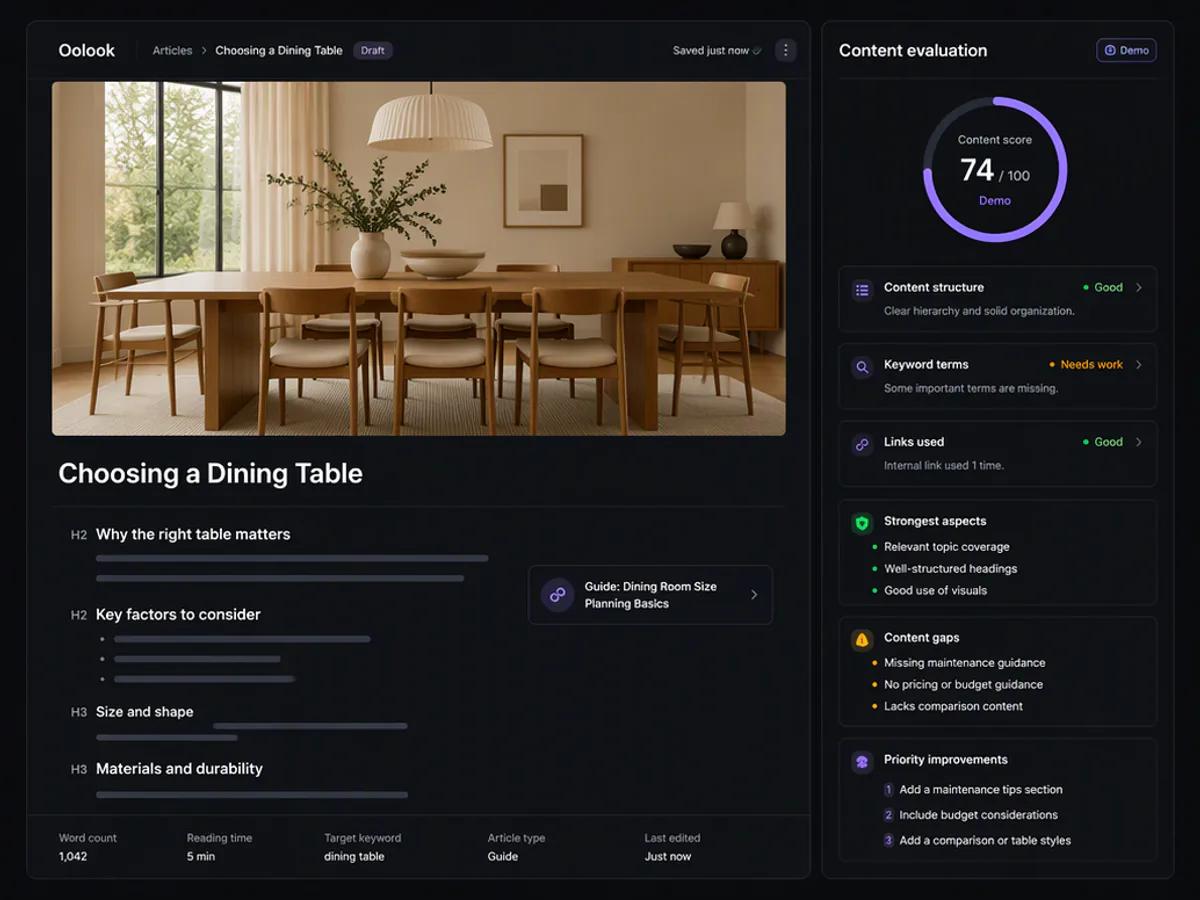 Alder & Form SEO article and content evaluation displayed together in Oolook