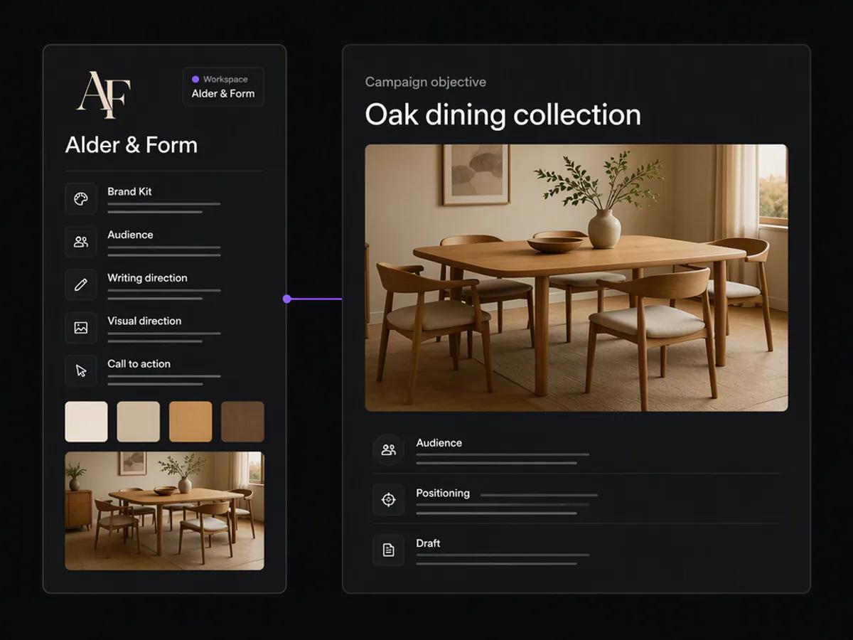 Alder & Form campaign objective connected to its Brand Kit in Oolook