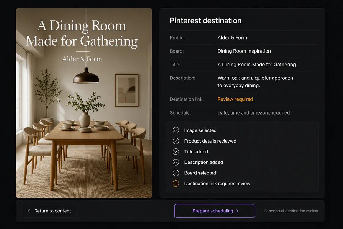 Pinterest publishing draft with copy and media prepared in Oolook