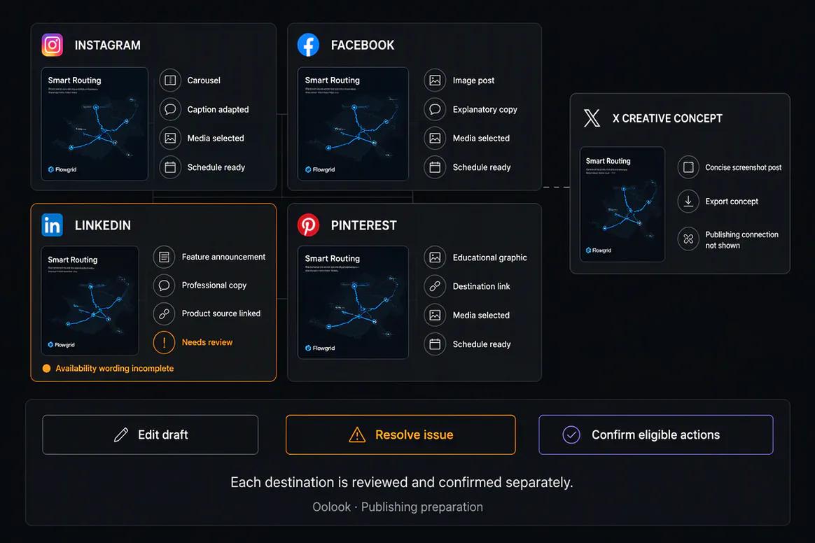 Separate social destination actions reviewed before publishing