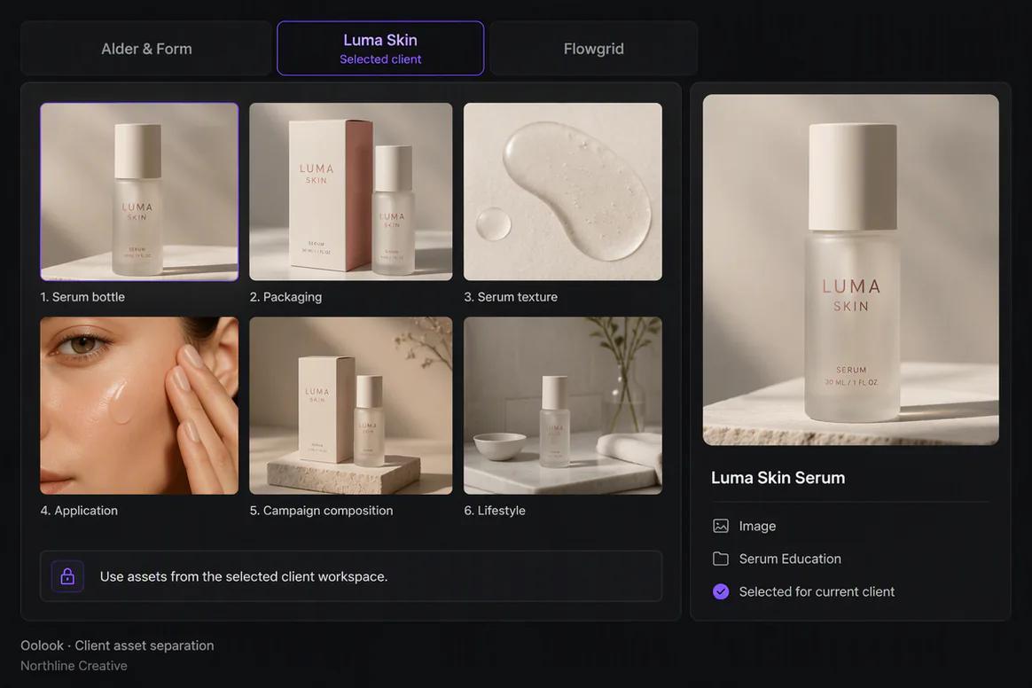 Oolook displaying separate client asset collections