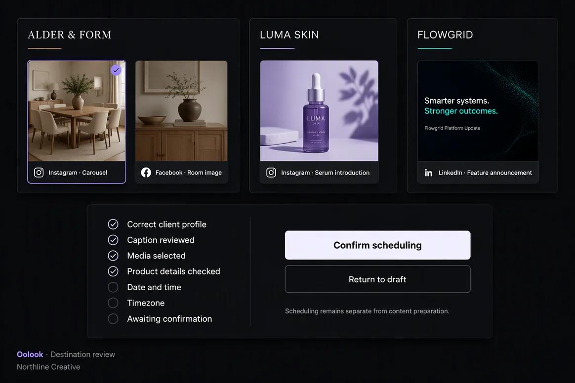 Client social publishing actions prepared for agency review