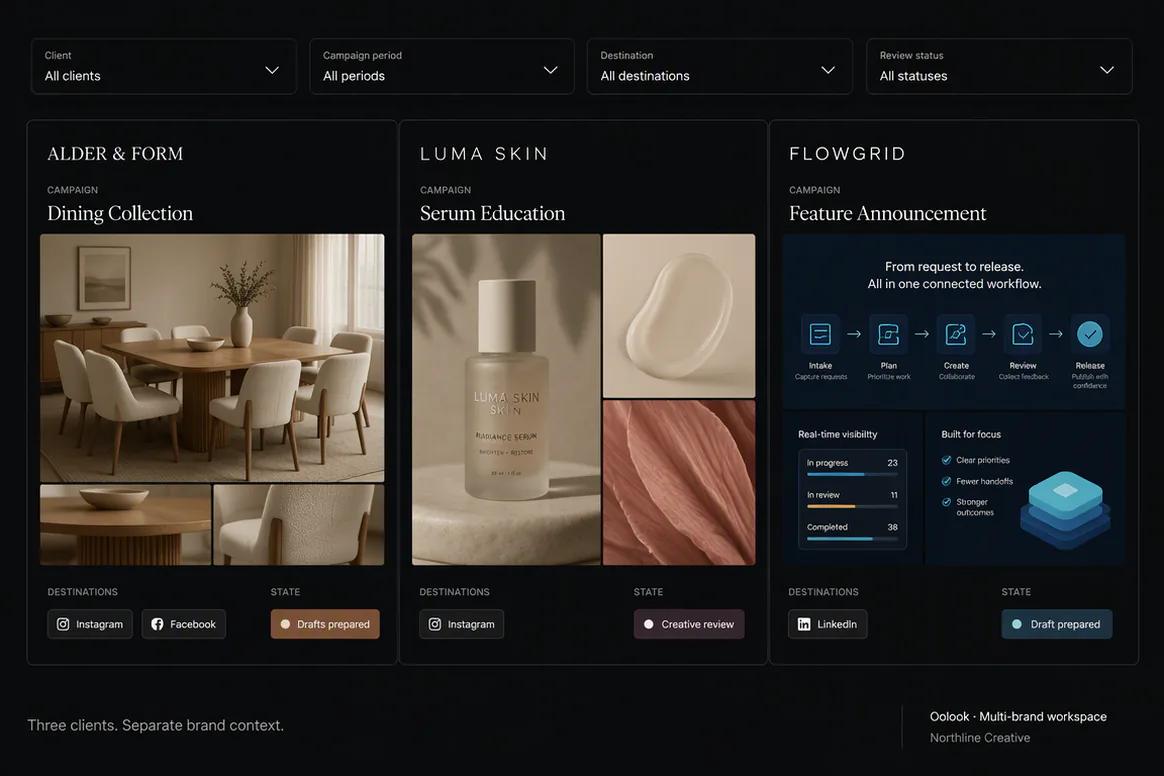 Oolook displaying several separate client campaigns