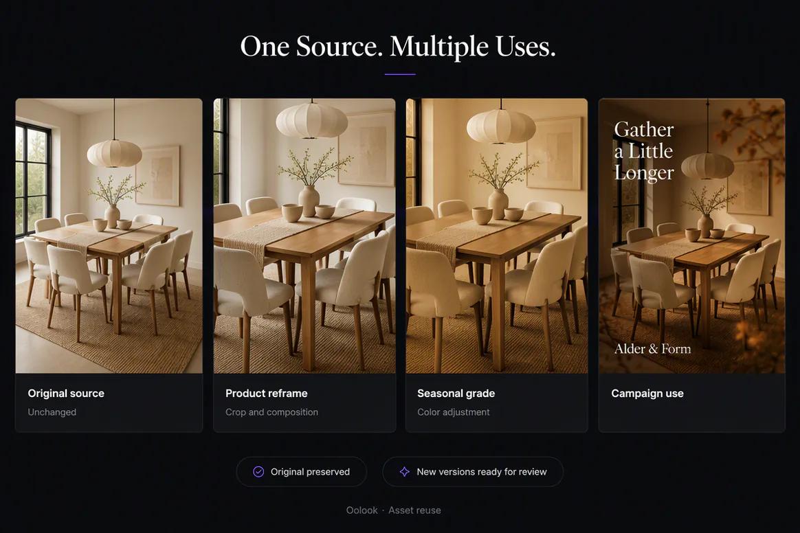 Oolook comparing an original asset with several reused versions