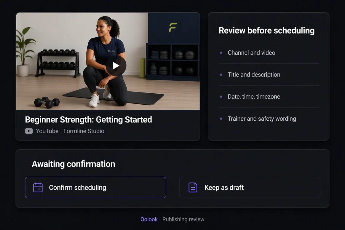 YouTube title and destination settings prepared in Oolook