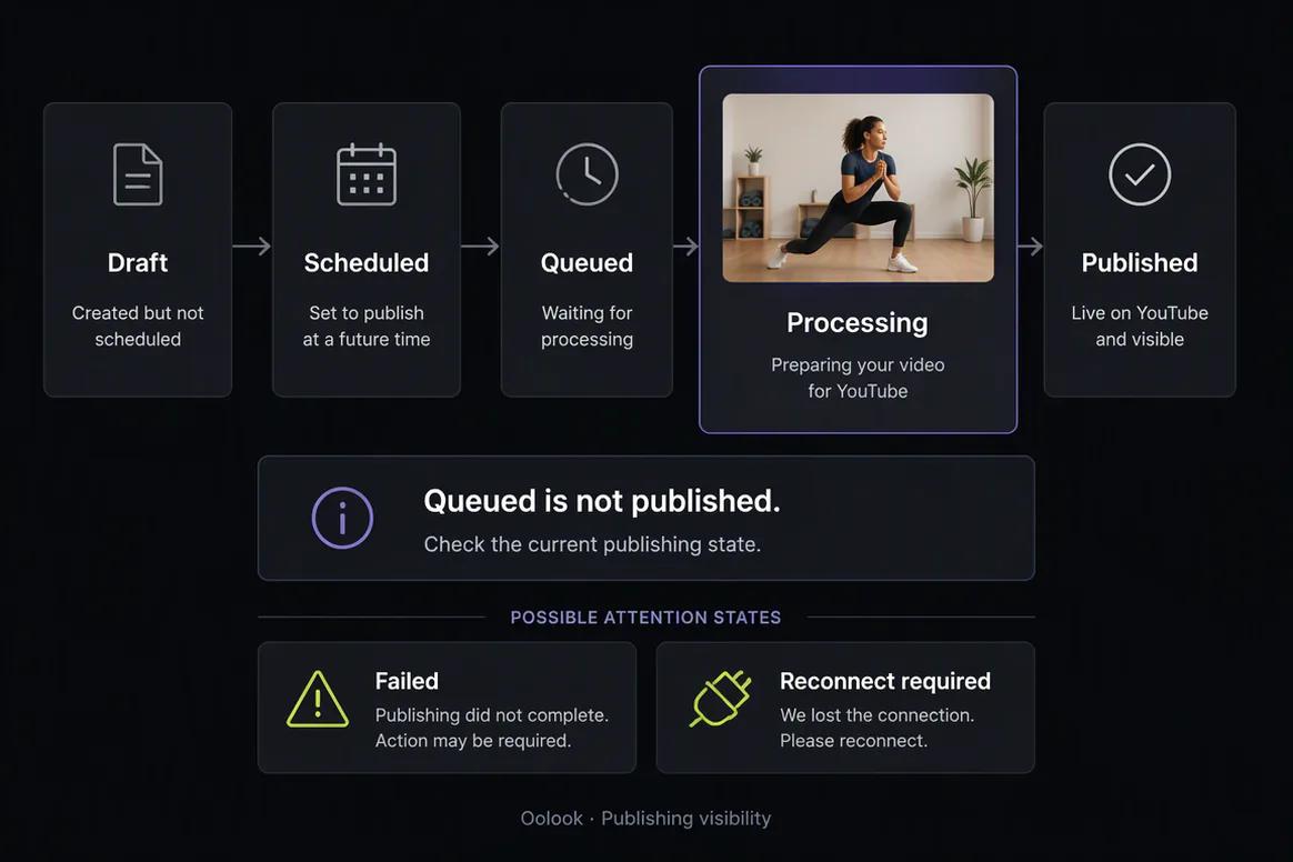 YouTube publishing status and available reporting in Oolook
