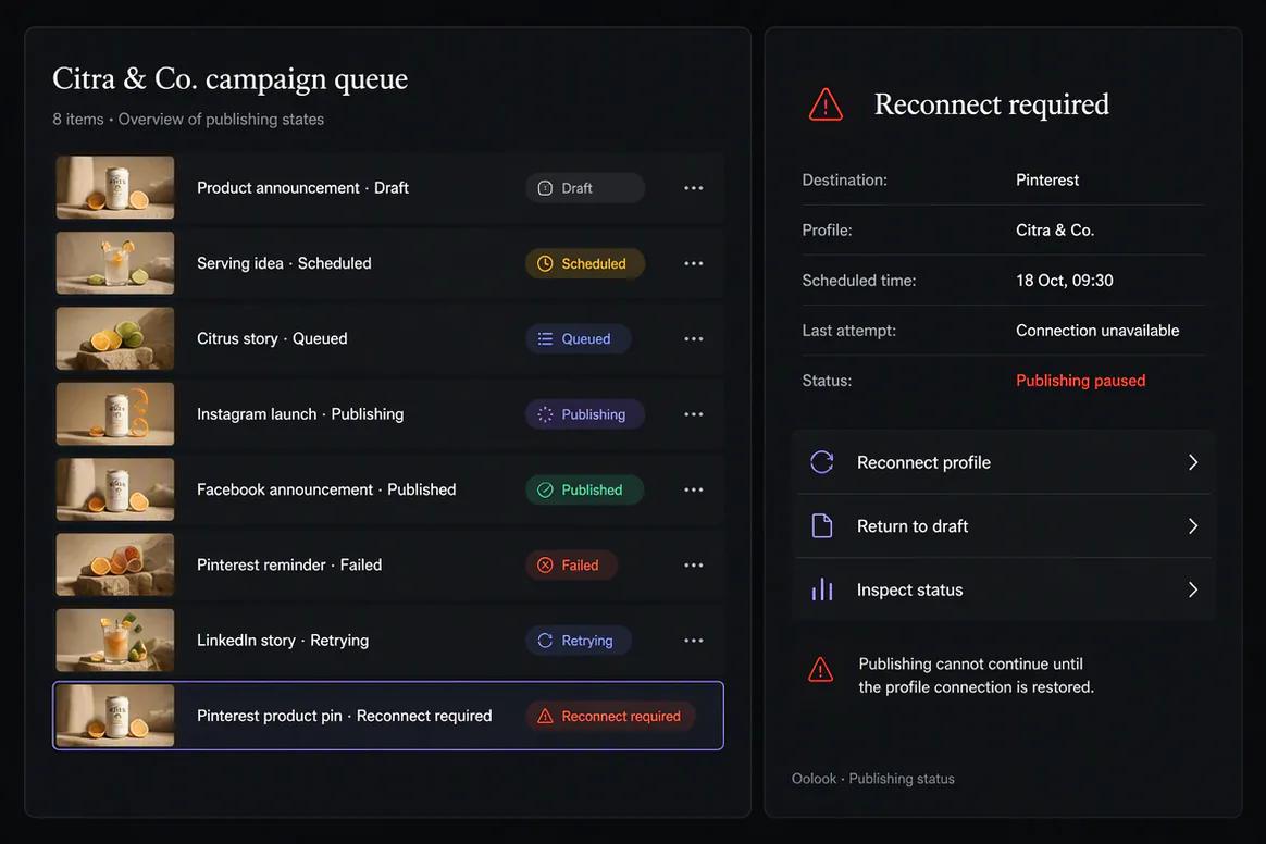 Oolook social publishing queue showing publication states