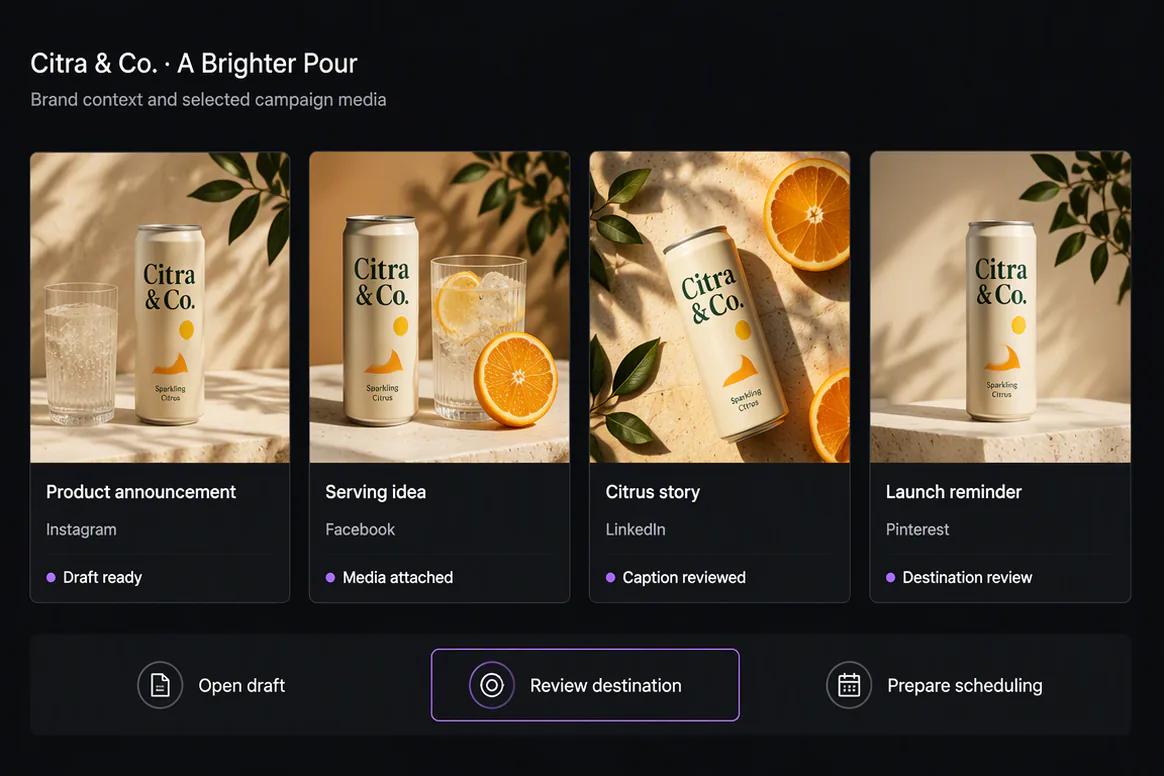 Brand-aware social media drafts prepared for scheduling in Oolook