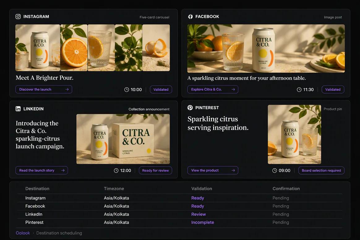 Oolook displaying a multi-platform campaign schedule