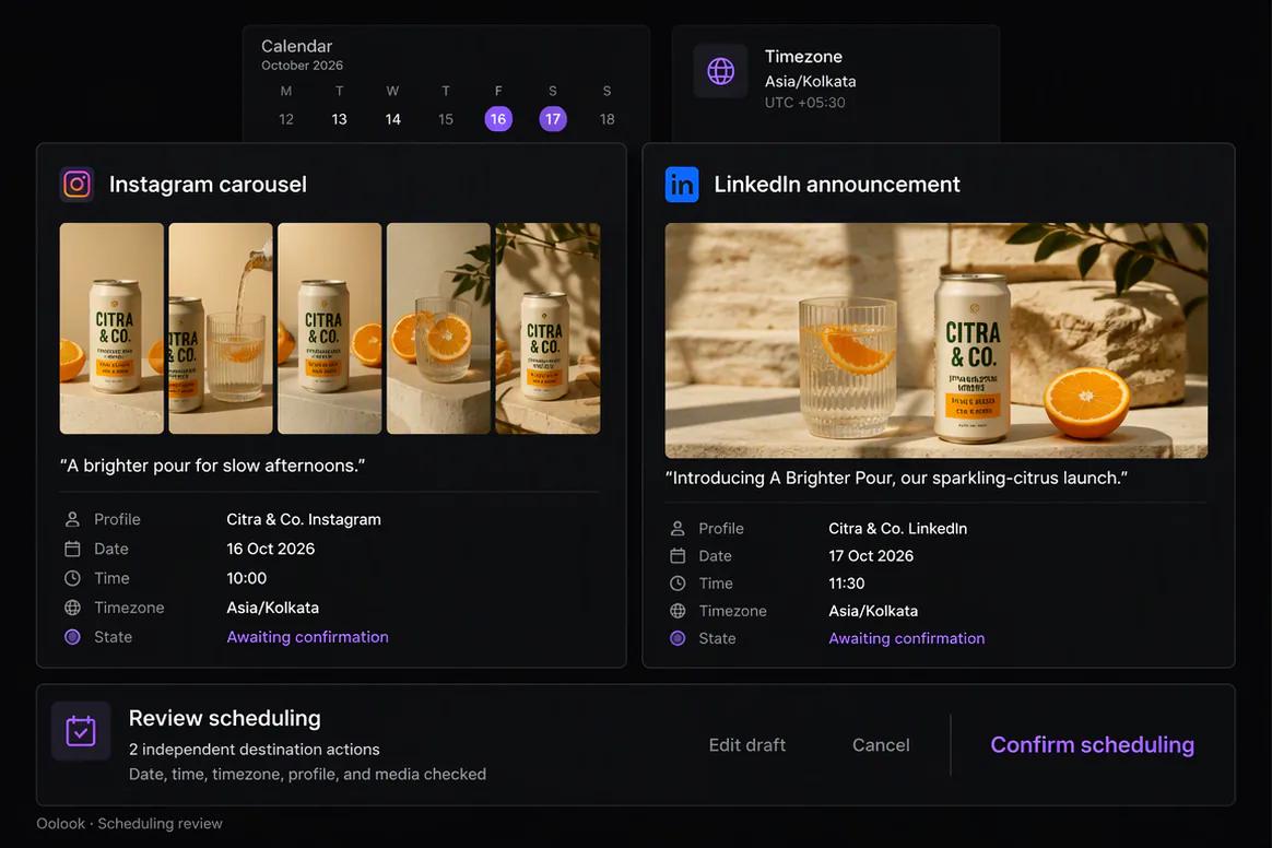Social media content scheduled by date time and timezone in Oolook