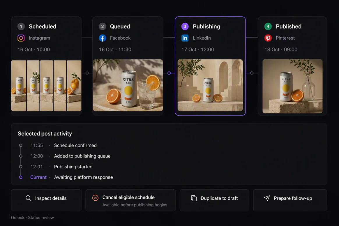 Oolook displaying scheduled social post statuses