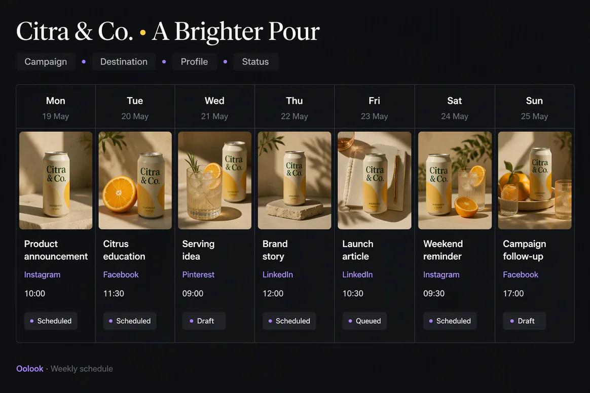 Oolook displaying a weekly social media publishing calendar