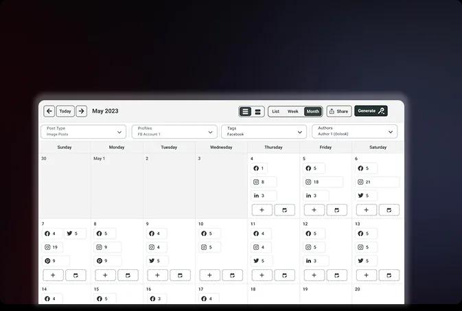Oolook visual social media calendar showing scheduled posts across platforms