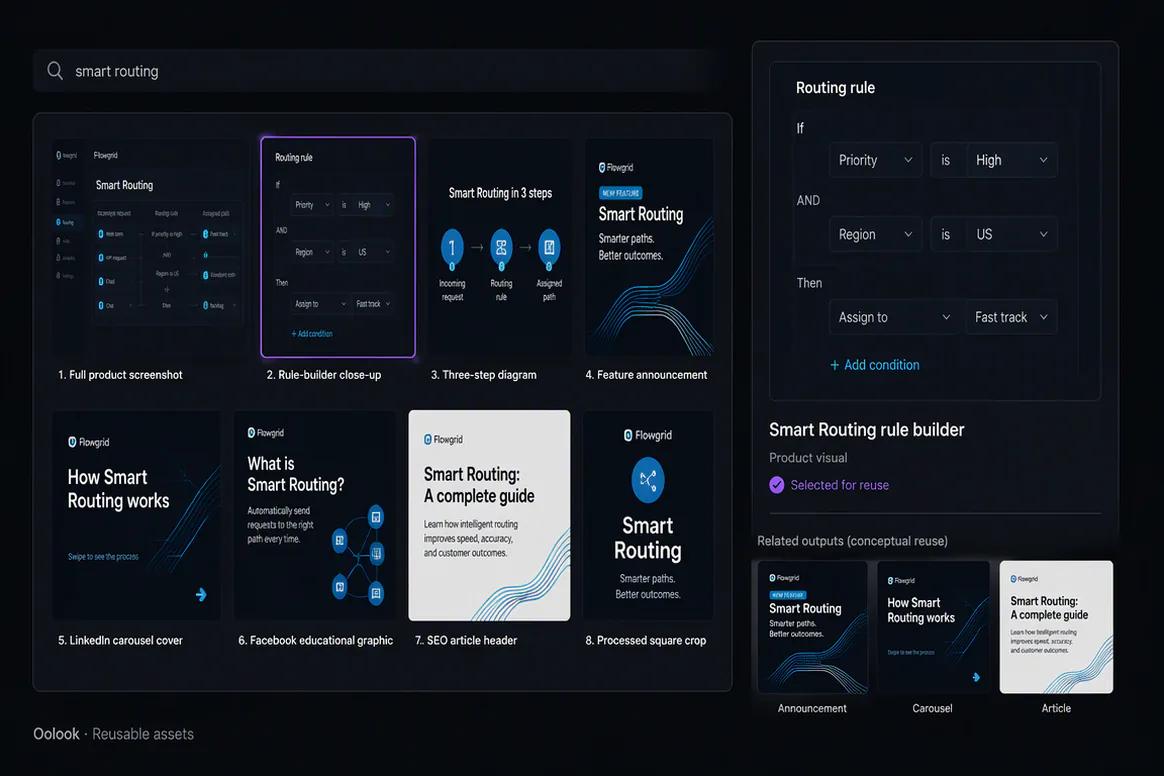 Oolook displaying reusable product marketing assets