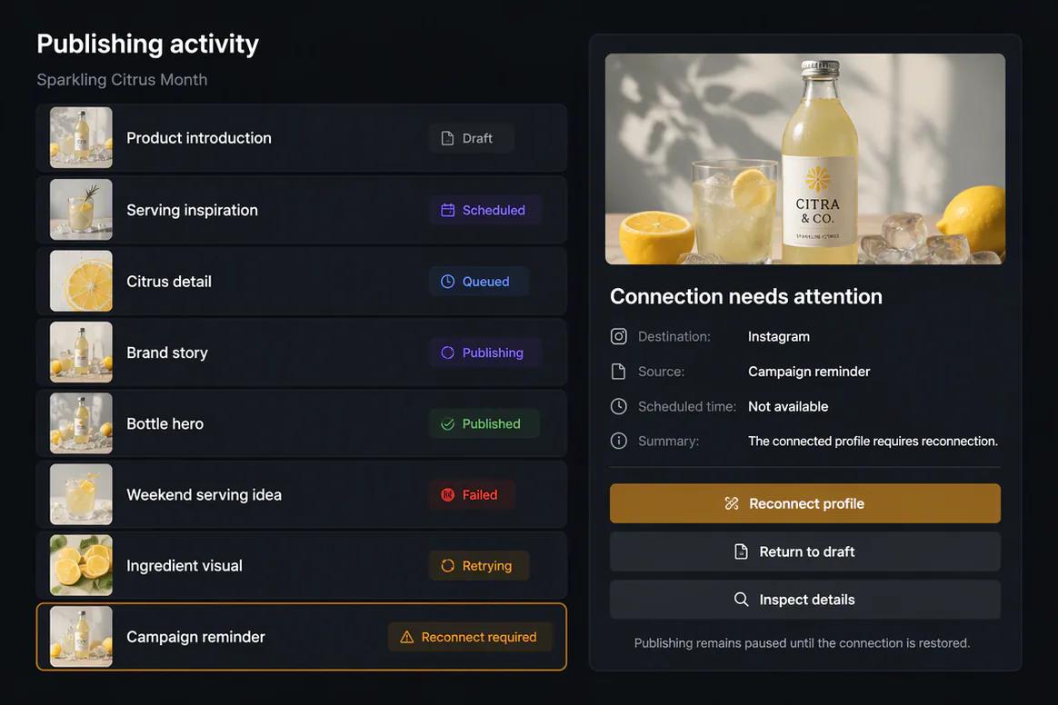Destination-specific social media scheduling actions in Oolook