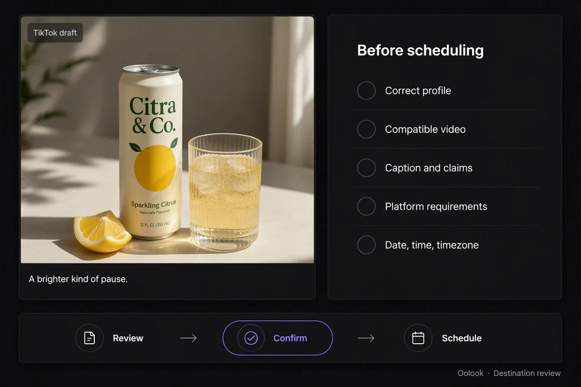 TikTok publishing details prepared for review in Oolook