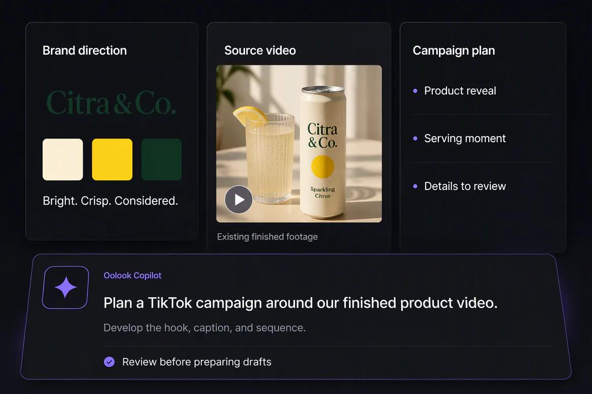 Oolook Copilot preparing TikTok content from an approved video brief